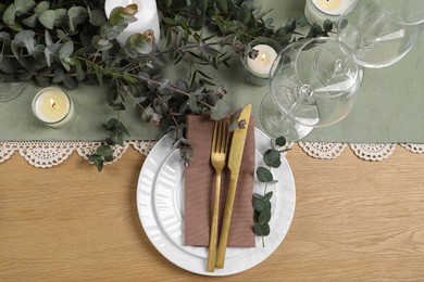 Photo of Stylish elegant table setting for festive dinner, flat lay