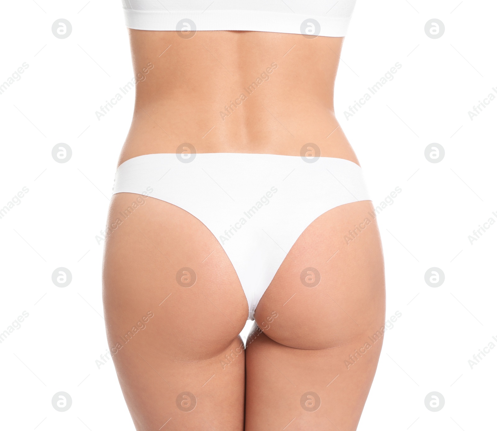 Photo of Slim young woman with smooth gentle skin on white background, closeup. Beauty and body care concept