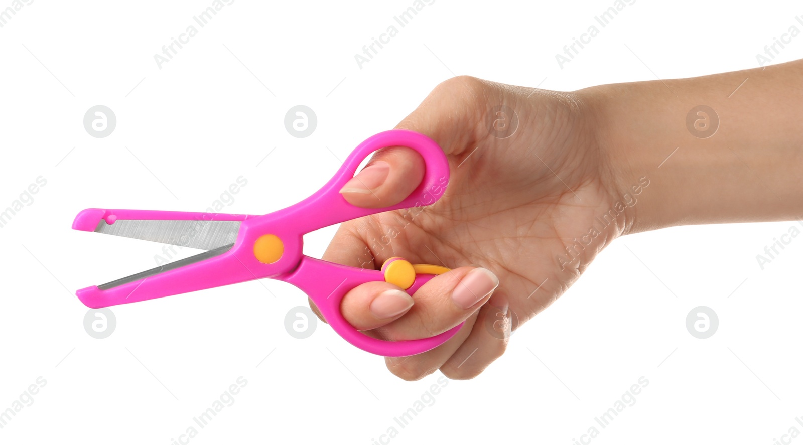 Photo of Woman holding small scissors isolated on white, closeup