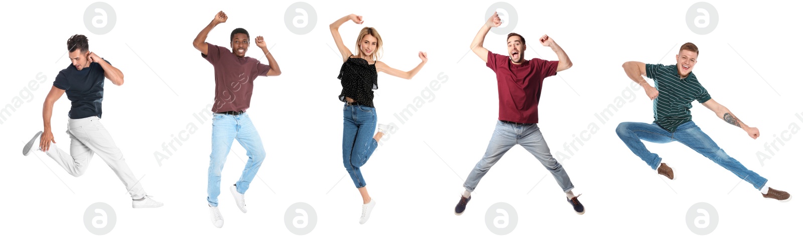 Image of People jumping on white background, collage with photos