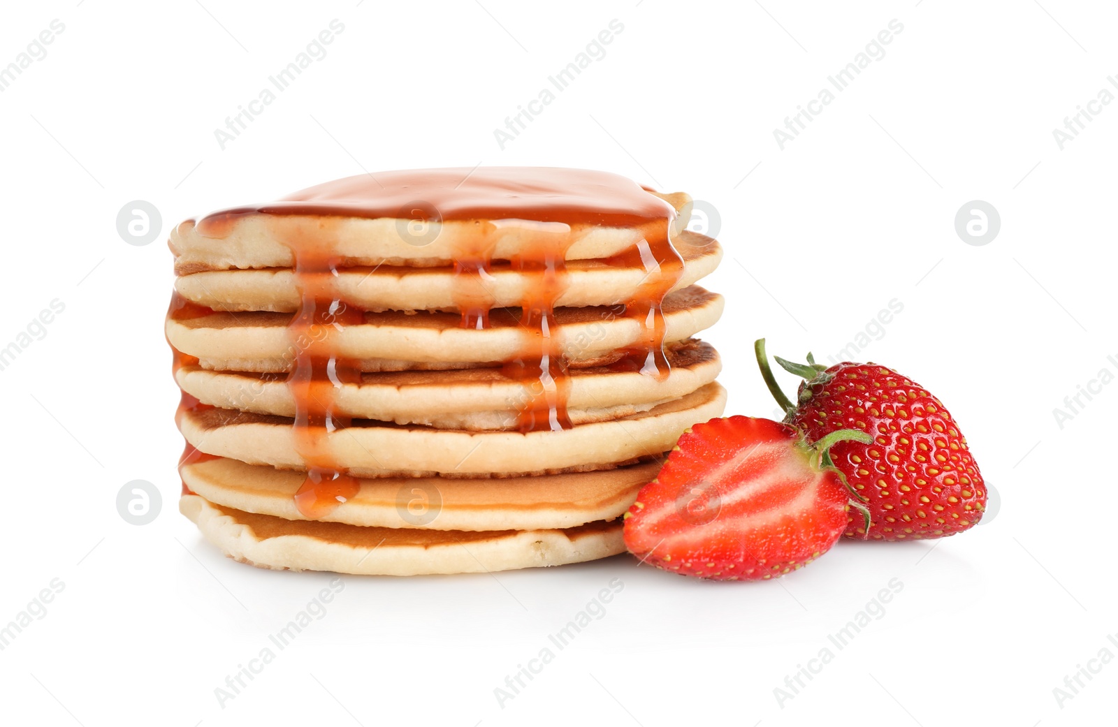 Photo of Stack of delicious pancakes with fresh strawberry and syrup on white background