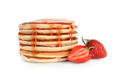 Photo of Stack of delicious pancakes with fresh strawberry and syrup on white background
