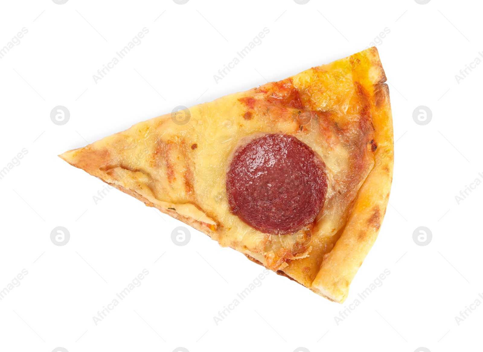 Photo of Slice of tasty pepperoni pizza isolated on white, top view