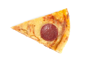 Photo of Slice of tasty pepperoni pizza isolated on white, top view