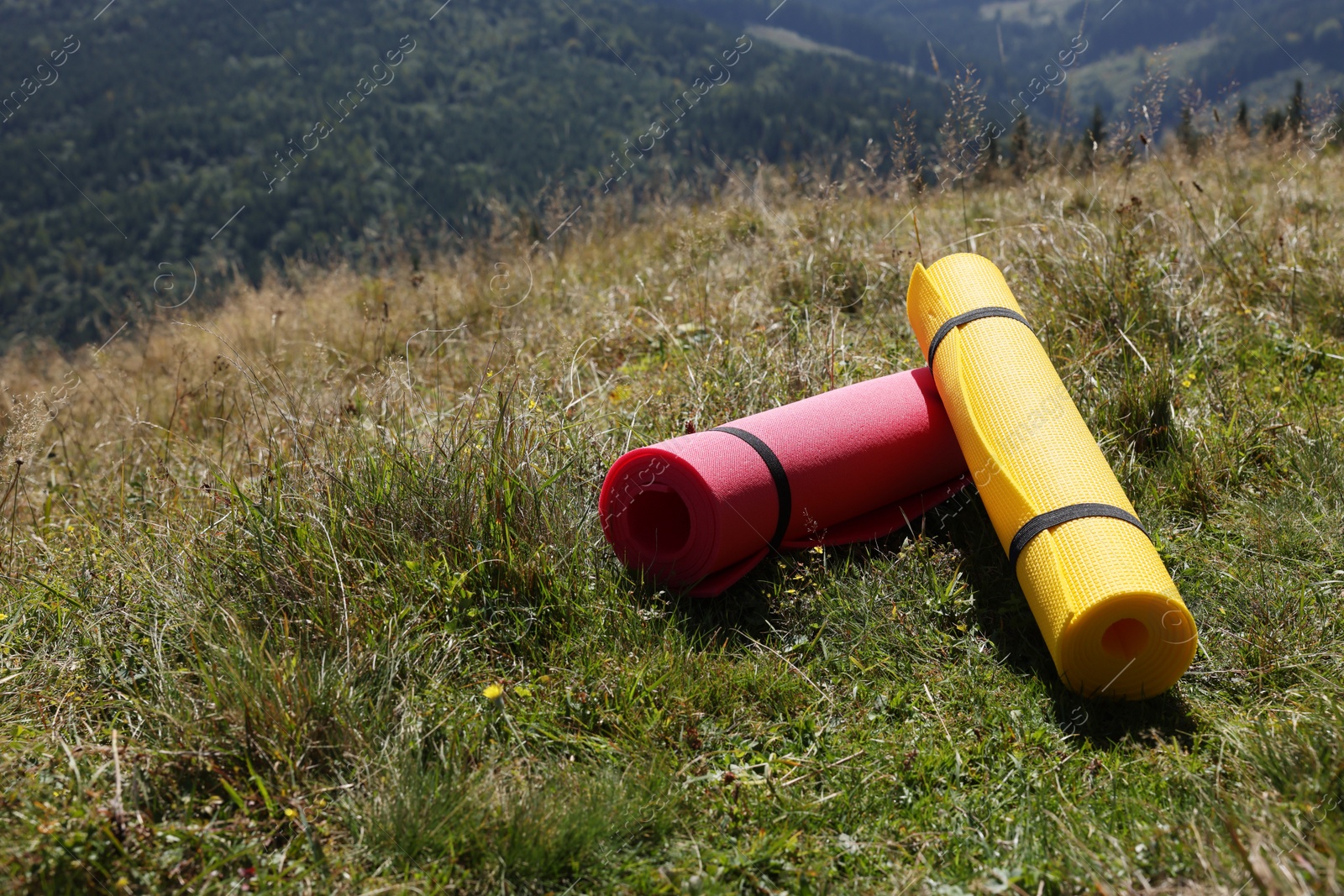 Photo of Rolled sleeping pads on grass in mountains, space for text