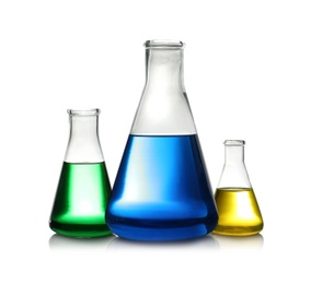Photo of Erlenmeyer flasks with color liquid isolated on white. Solution chemistry