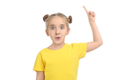 Photo of Cute little girl posing on white background