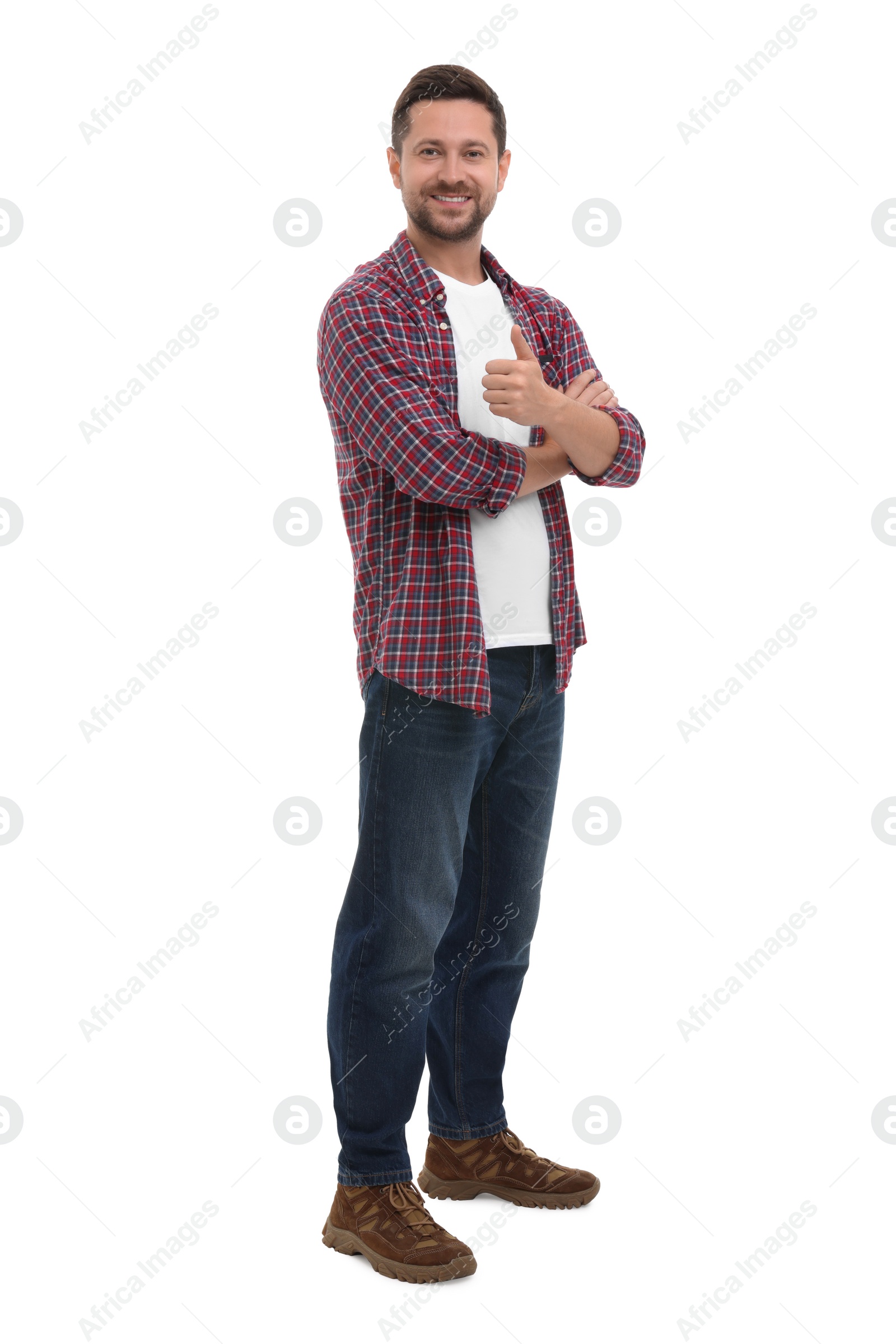 Photo of Happy man showing thumb up on white background