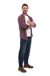 Photo of Happy man showing thumb up on white background