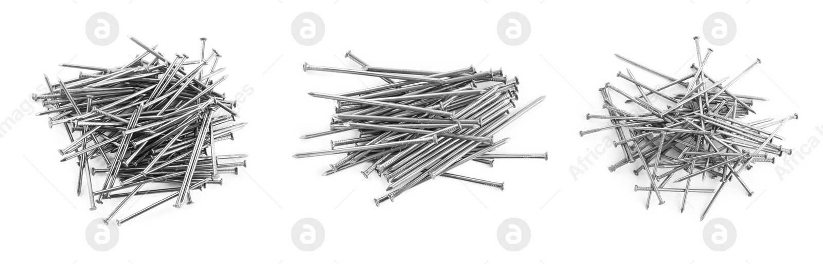 Image of Set with sharp metal nails on white background, banner design