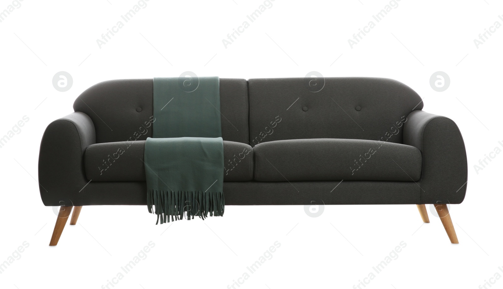 Photo of Comfortable grey sofa with blanket on white background. Furniture for living room interior