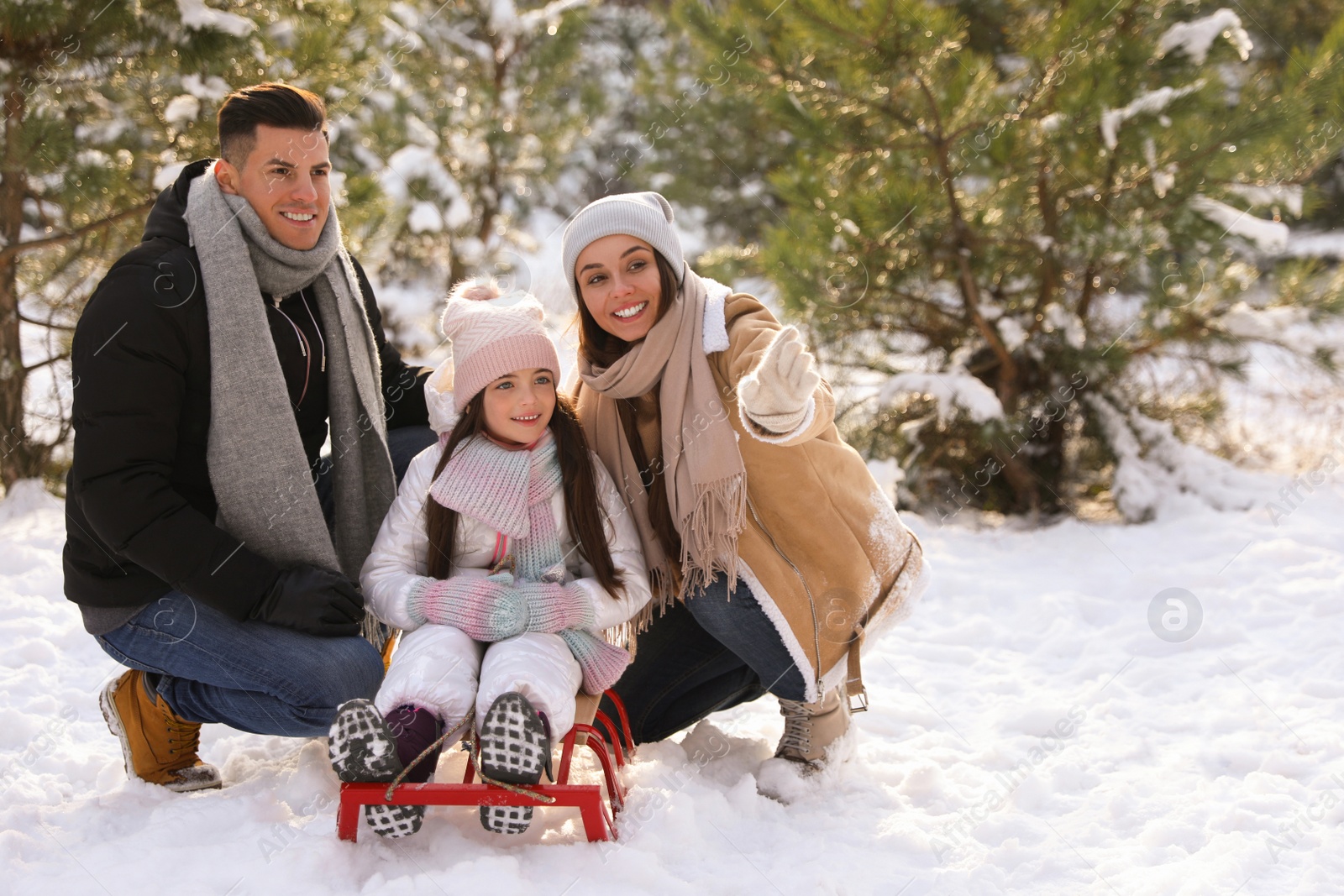 Photo of Happy family with sledge outdoors on winter day. Christmas vacation