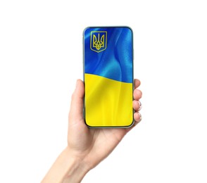 Image of Woman holding smartphone with Ukrainian national flag on screen against white background, closeup