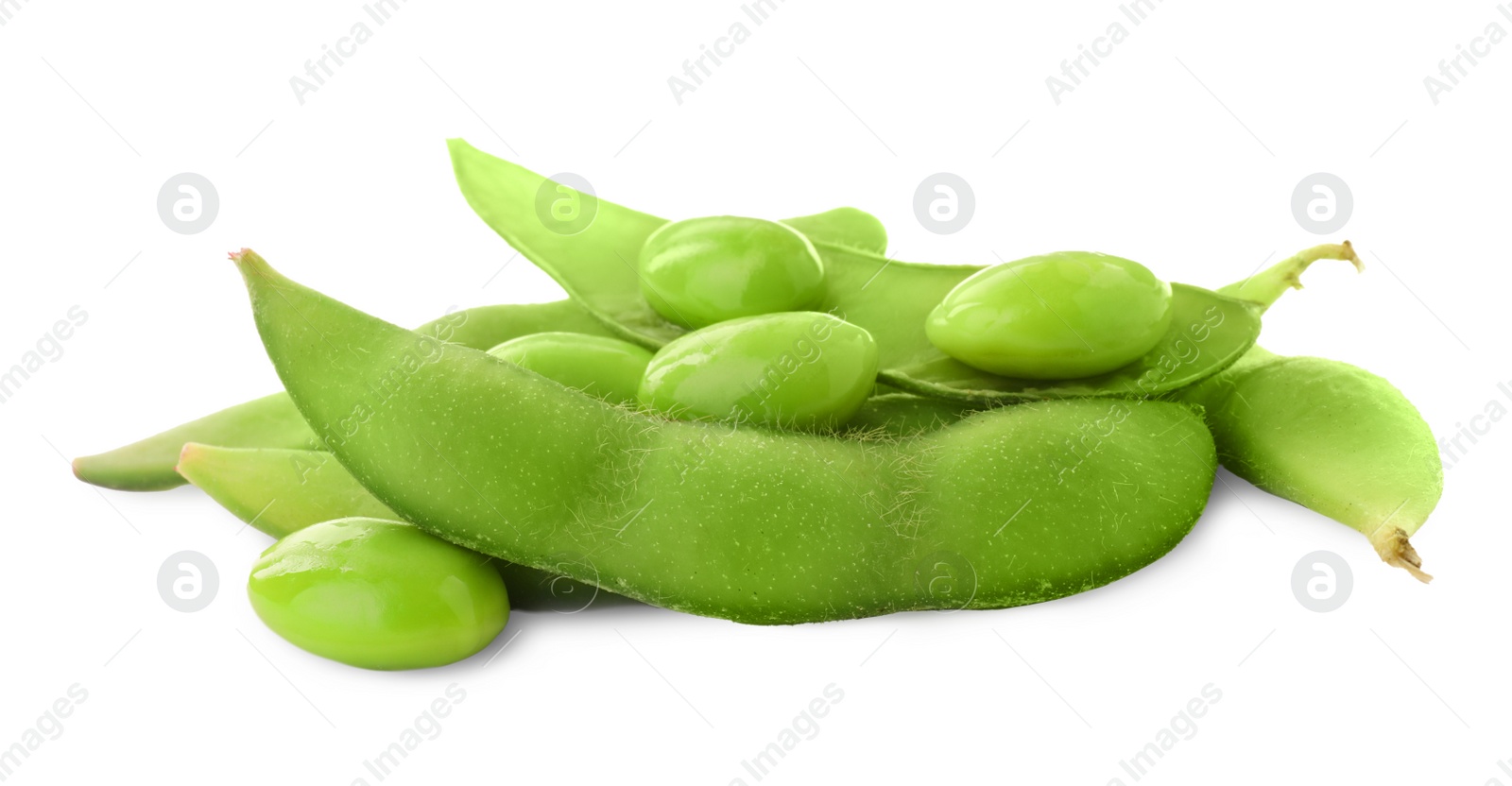 Photo of Fresh green edamame pods and beans on white background