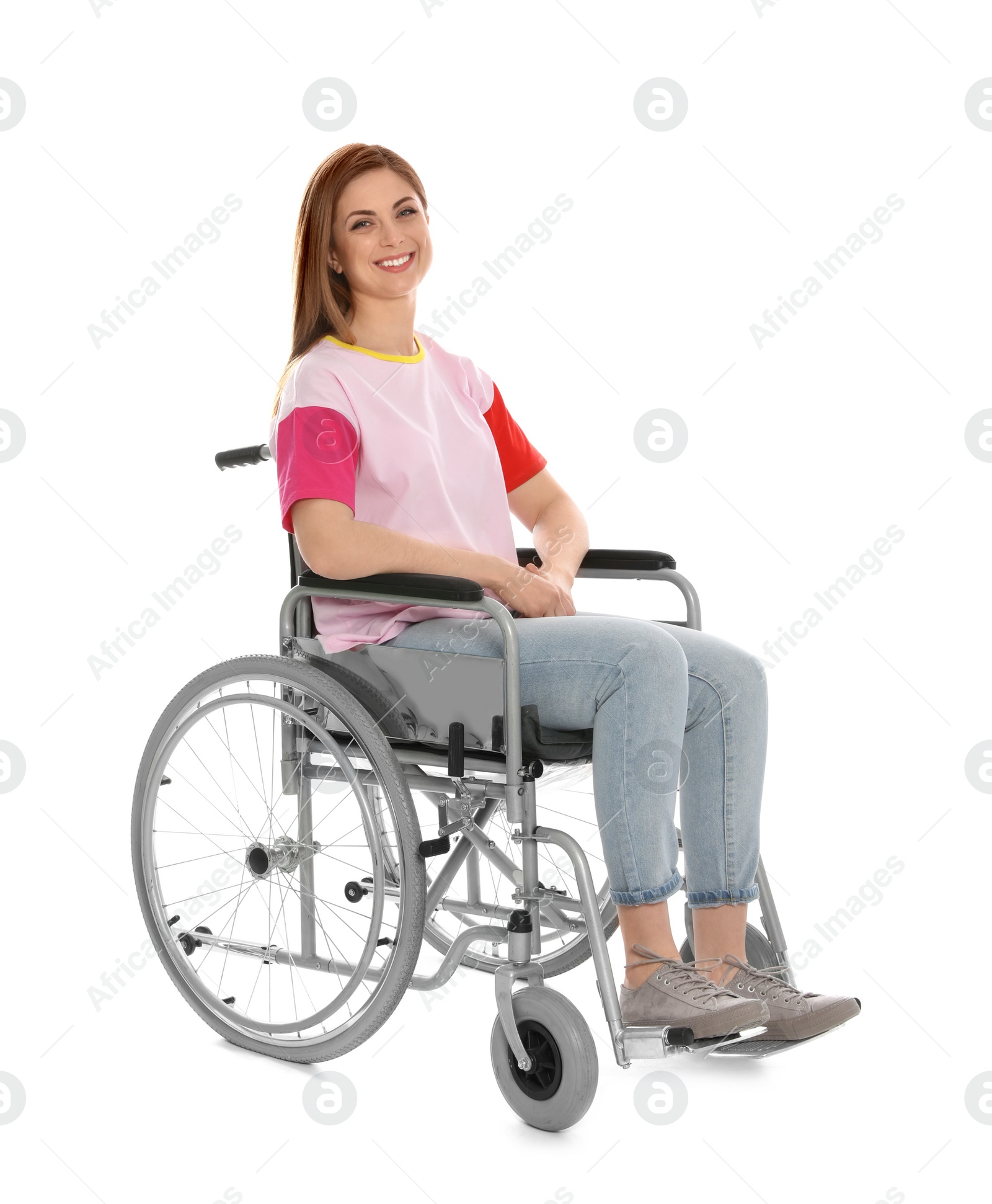 Photo of Beautiful woman in wheelchair isolated on white