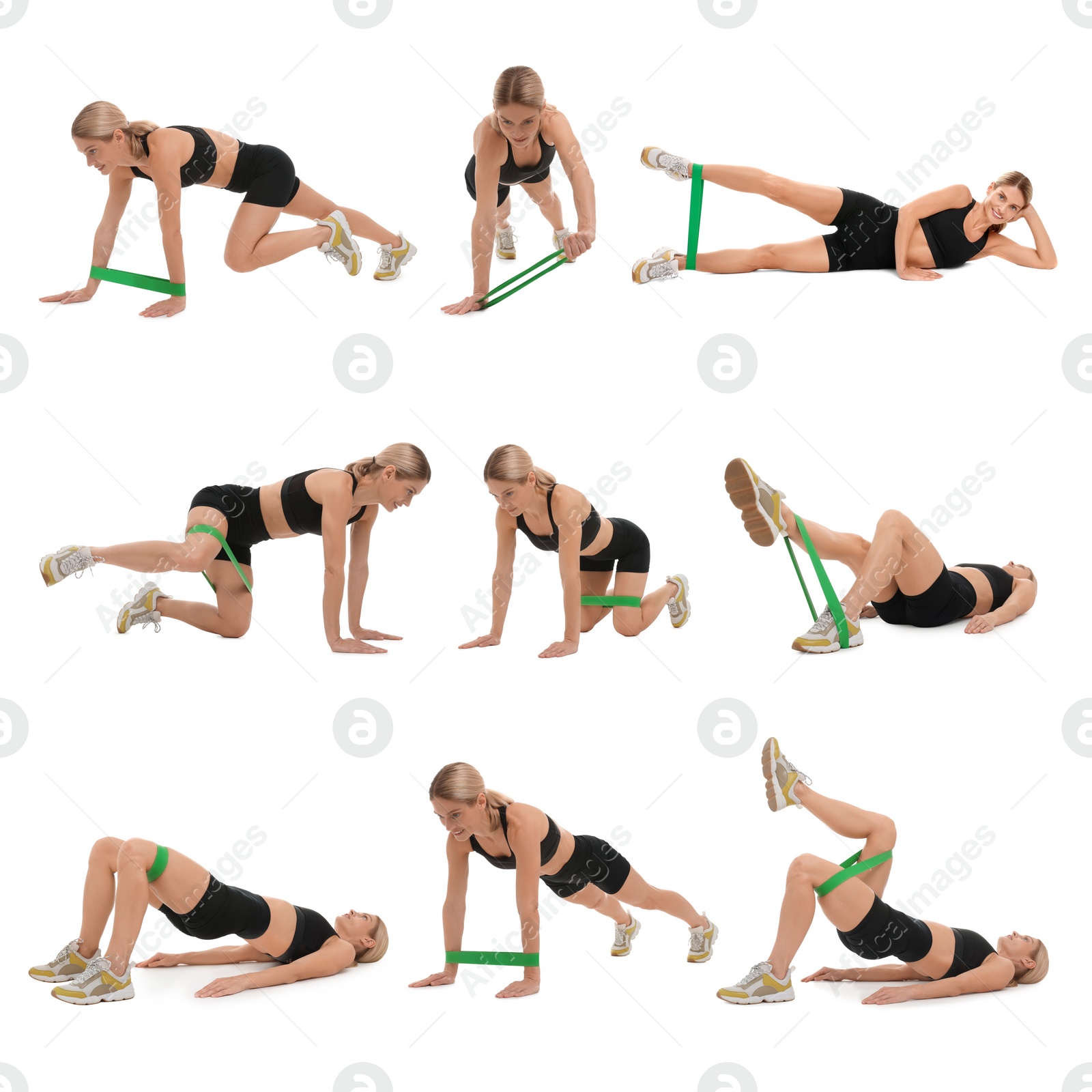 Image of Athletic woman doing different exercises with elastic resistance band on white background, set of photos