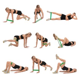 Image of Athletic woman doing different exercises with elastic resistance band on white background, set of photos