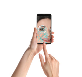 Woman using smartphone with facial recognition system on white background, closeup. Biometric verification