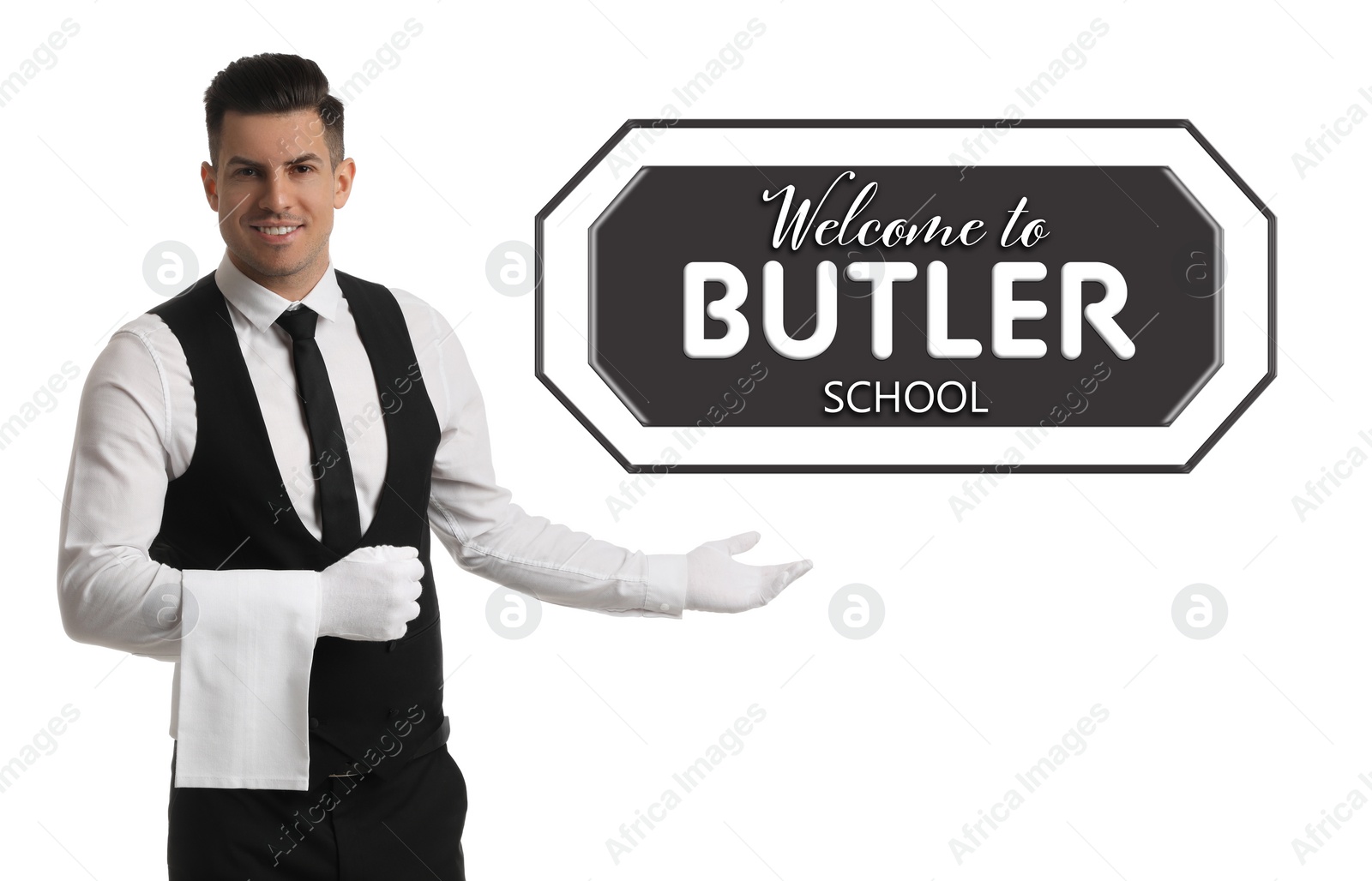 Image of Handsome man with towel pointing at sign Welcome To Butler School on white background