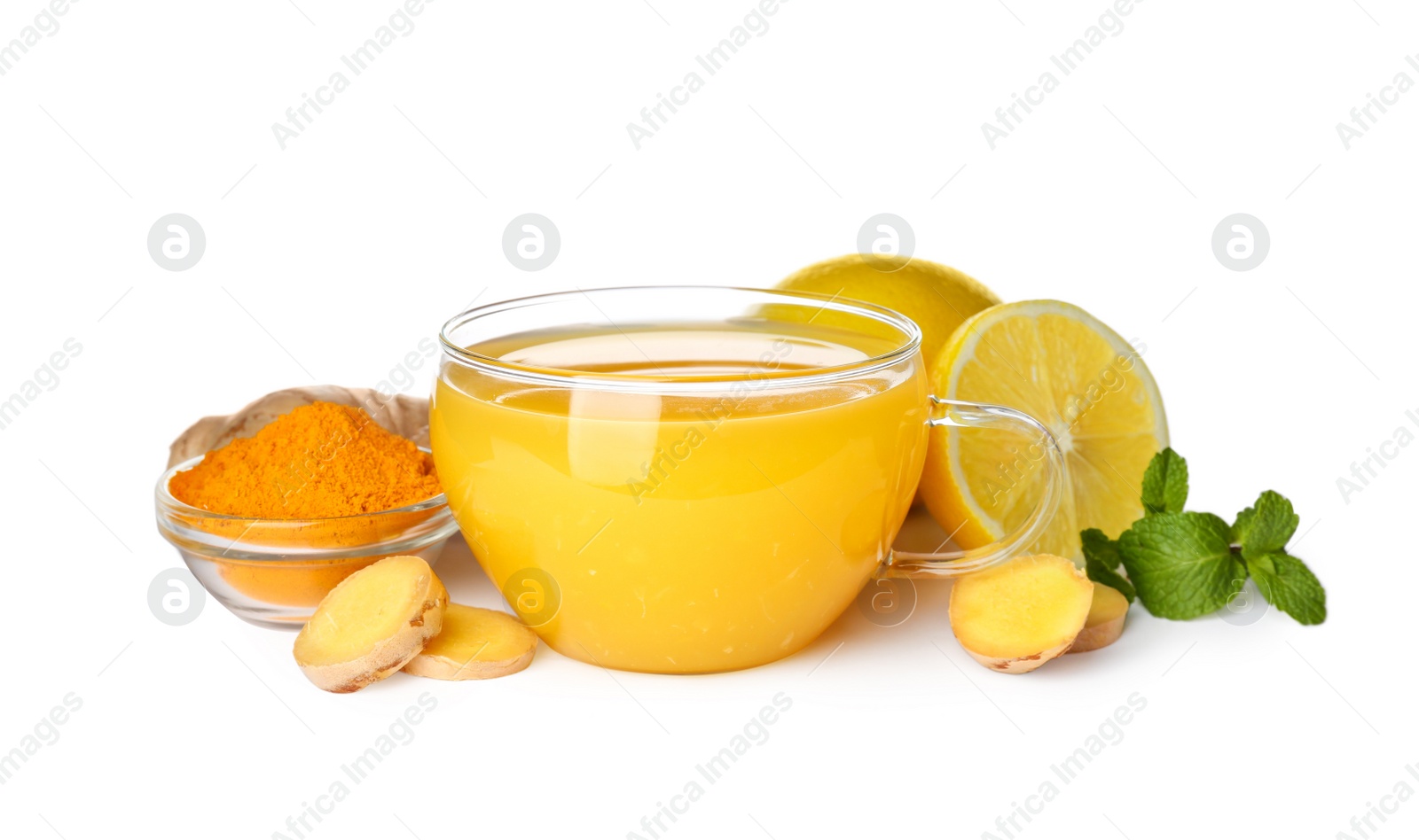 Photo of Immunity boosting drink with lemon, ginger, mint and turmeric on white background