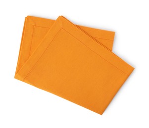 Photo of New clean orange cloth napkin isolated on white, top view