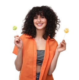 Beautiful woman with lollipops on white background