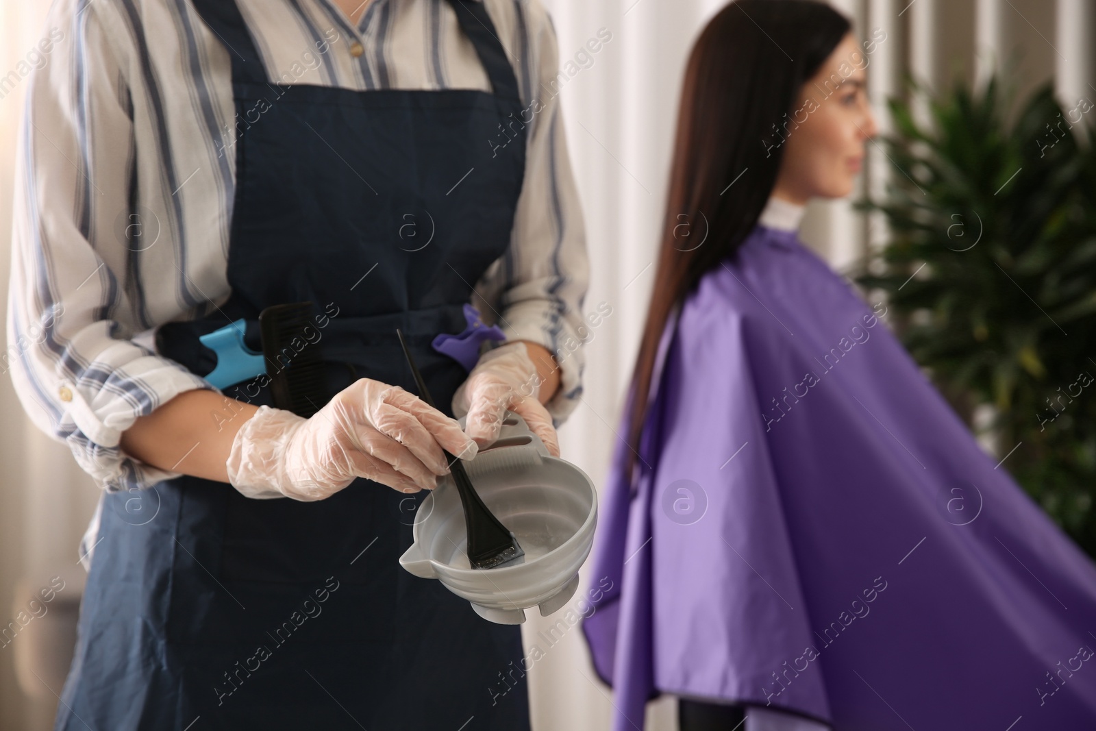 Photo of Professional hairdresser holding bowl with hair dye in beauty salon, closeup