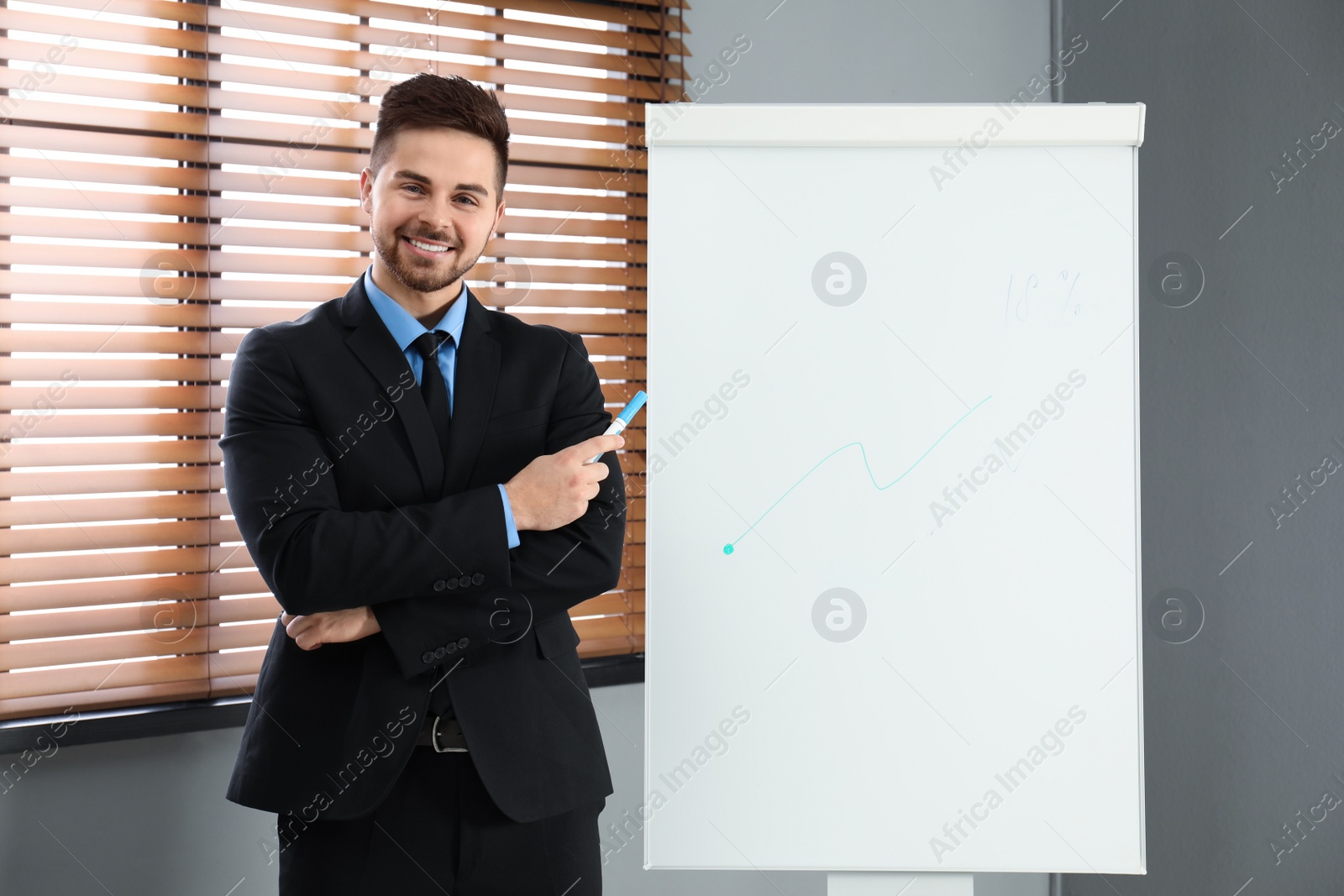 Photo of Professional business trainer near flip chart in office