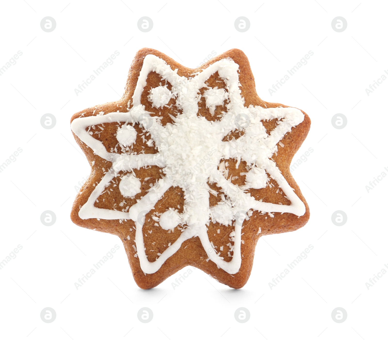 Photo of Snowflake shaped Christmas cookie isolated on white