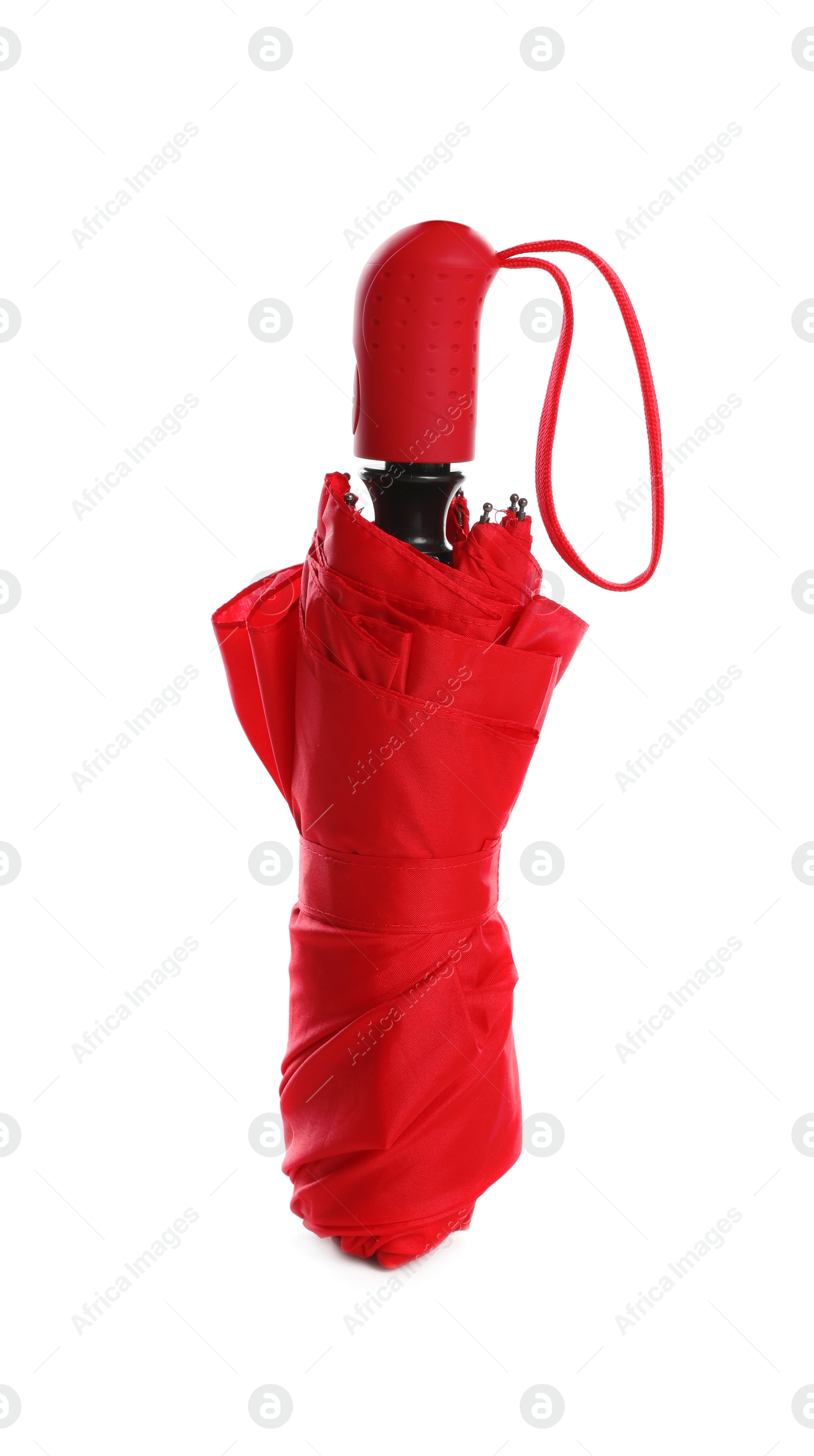 Photo of Stylish closed red umbrella isolated on white