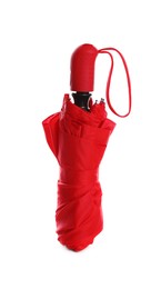 Photo of Stylish closed red umbrella isolated on white