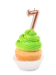 Photo of Birthday cupcake with number seven candle on white background