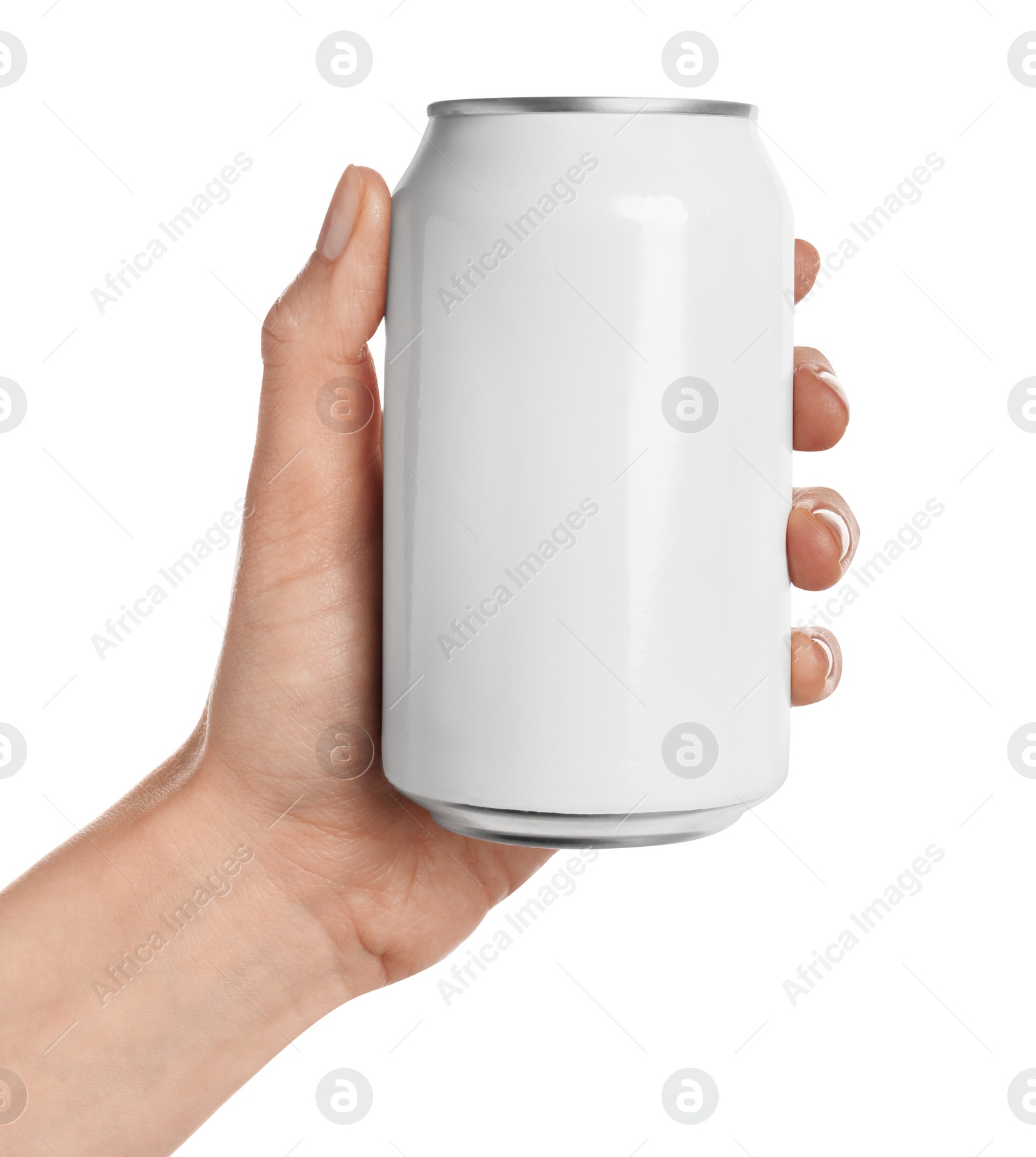 Photo of Woman holding aluminum can on white background, closeup