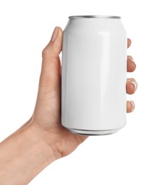 Photo of Woman holding aluminum can on white background, closeup