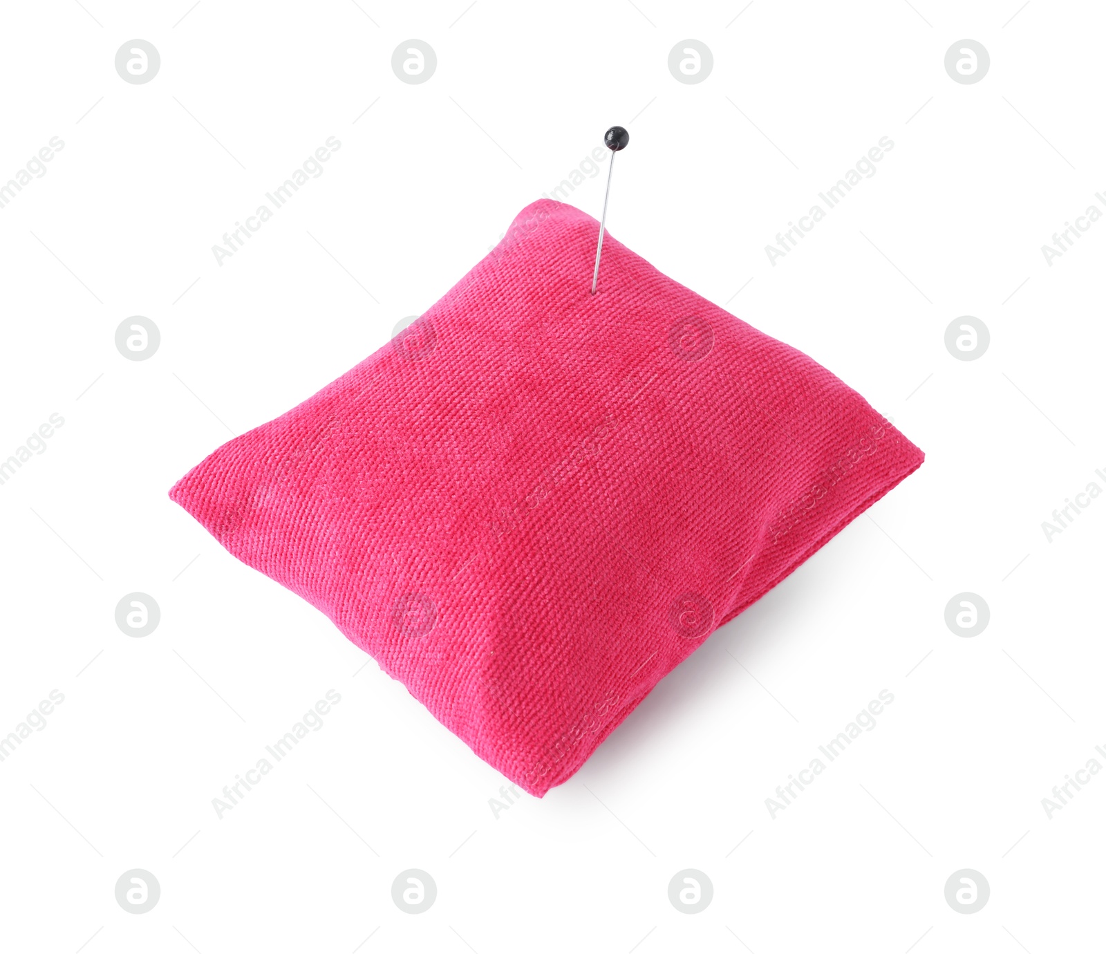 Photo of Pink pincushion with sewing pin isolated on white