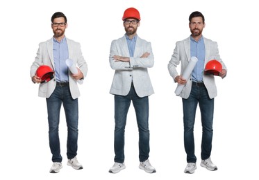 Image of Photos of engineer with hardhat on white background, collage design