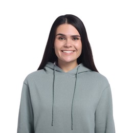 Photo of Portrait of happy young woman on white background