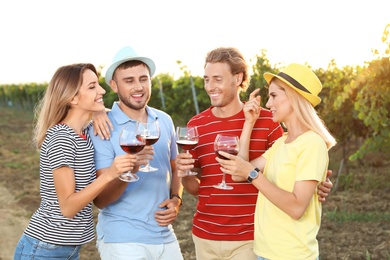 Photo of Friends tasting wine and having fun on vineyard picnic