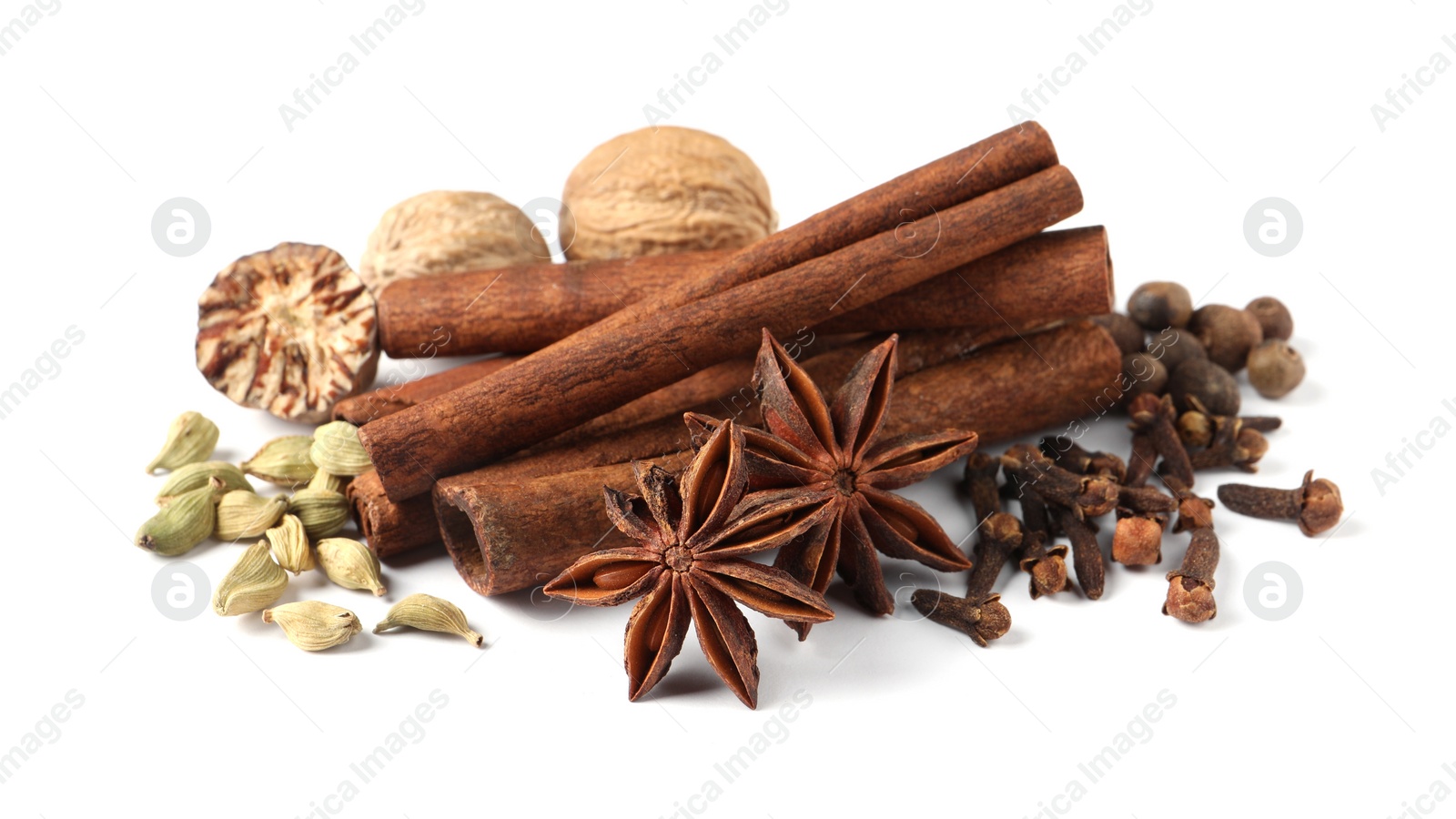 Photo of Heap of different aromatic spices on white background