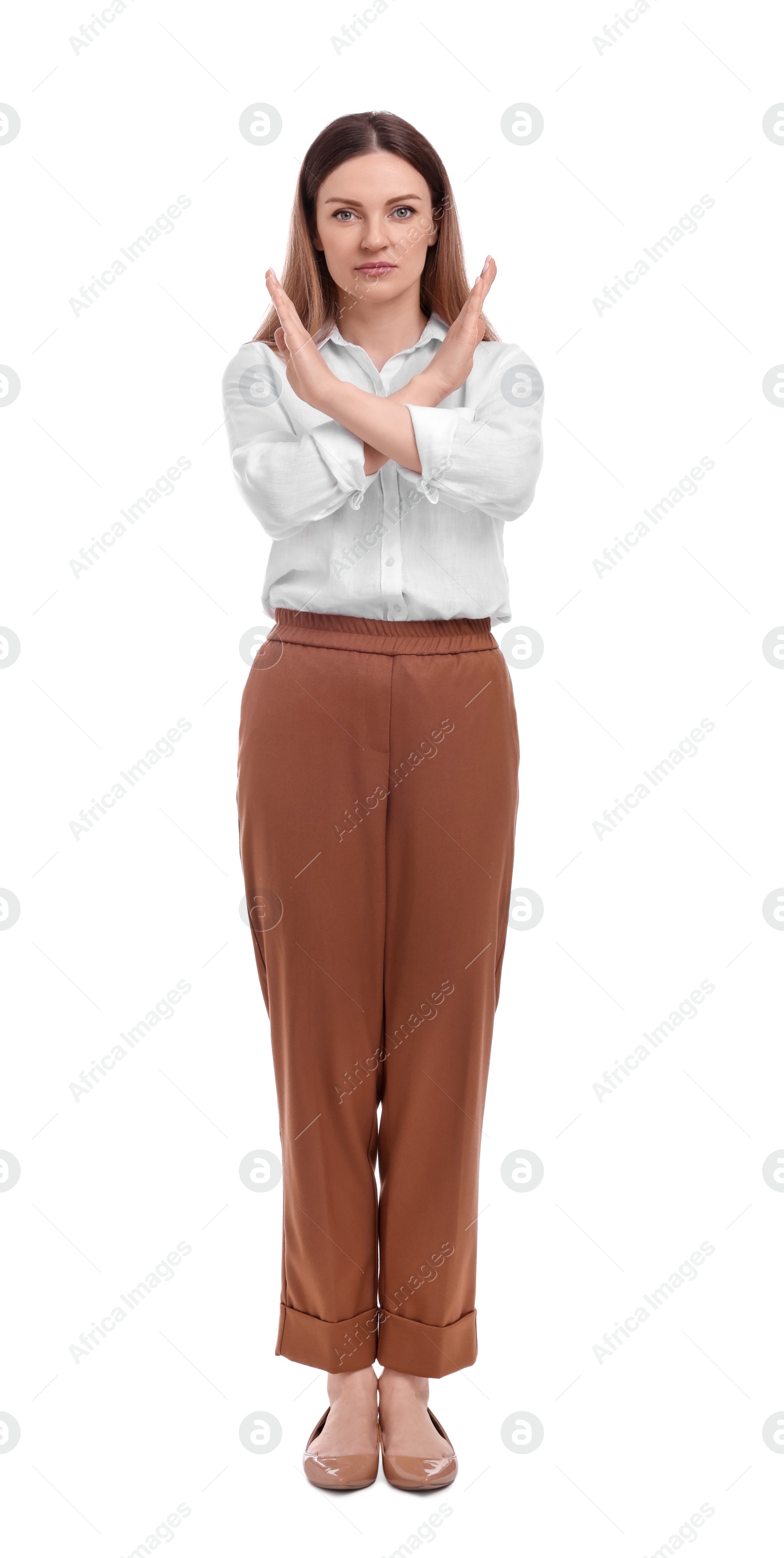 Photo of Beautiful business woman gesturing on white background