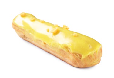 Delicious eclair covered with yellow glaze isolated on white