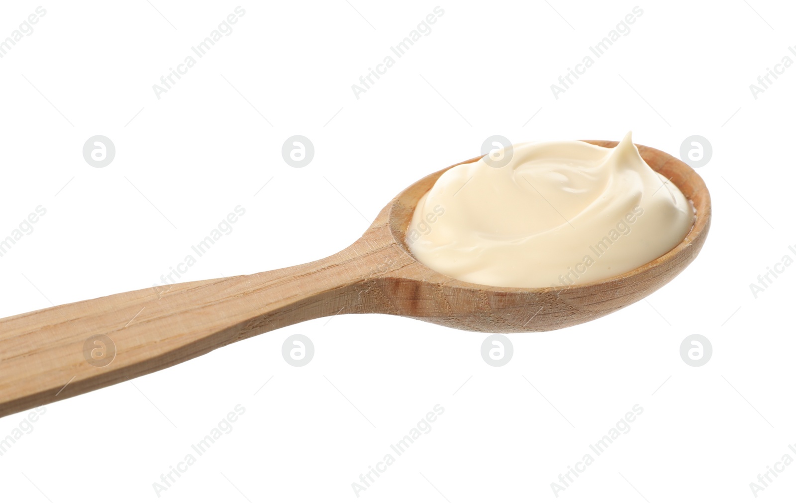 Photo of Wooden spoon with tasty mayonnaise isolated on white