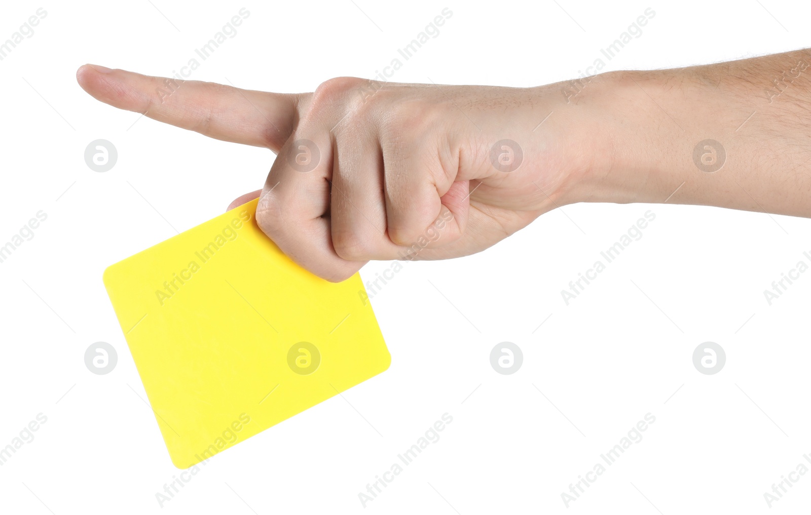 Photo of Referee holding yellow card and pointing on white background, closeup