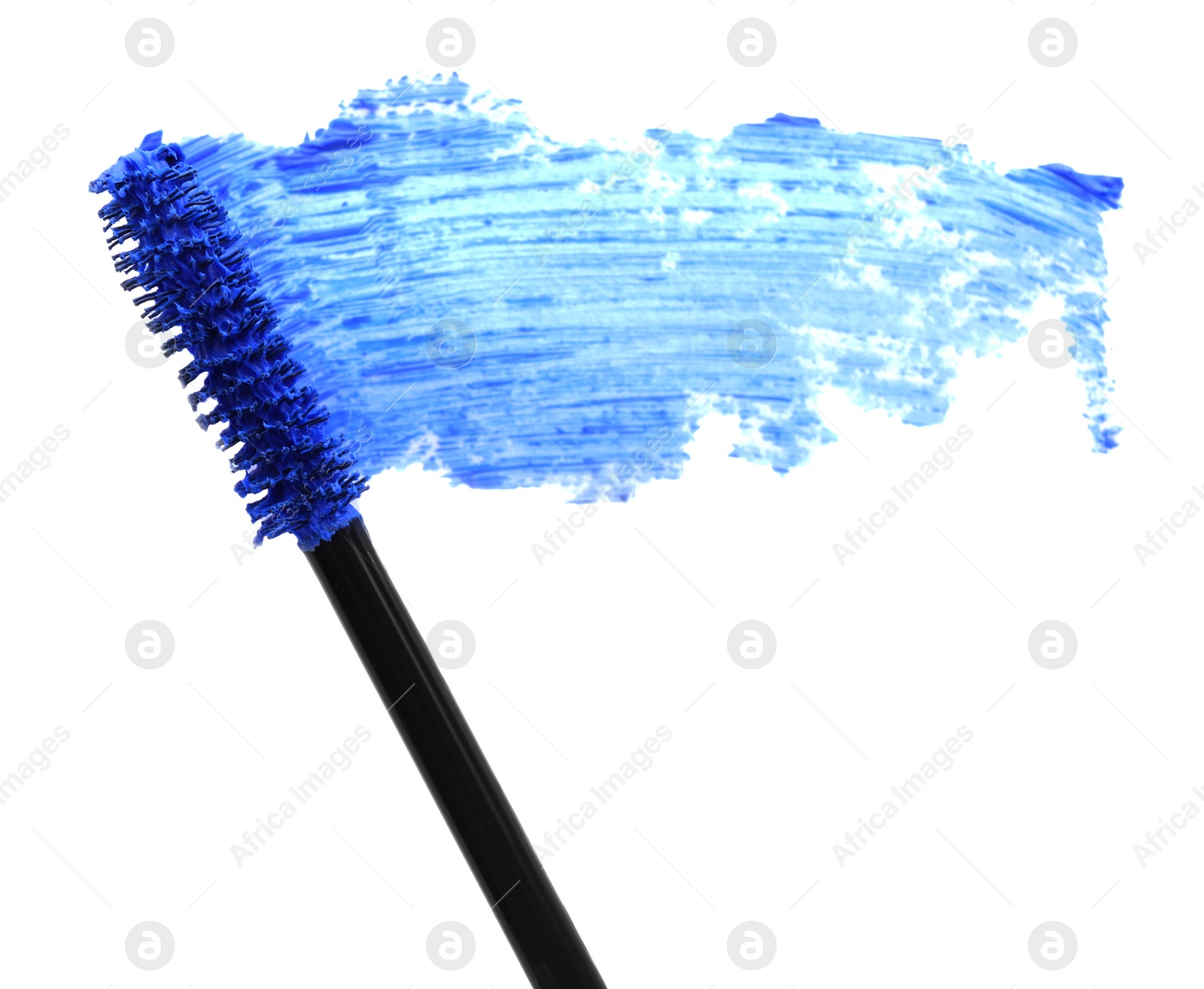 Photo of Applicator and blue mascara smear on white background, top view