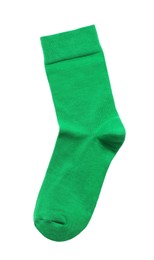 Photo of Green sock isolated on white, top view