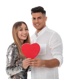 Photo of Lovely couple with decorative heart on white background. Valentine's day celebration