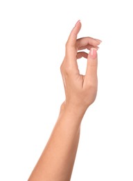 Photo of Woman showing hand with nude manicure on white background, closeup