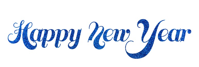 Glittery blue text Happy New Year on white background