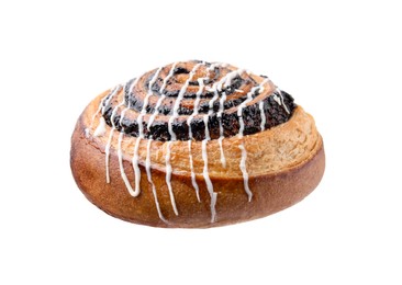 Photo of One delicious roll with poppy seeds and topping isolated on white. Sweet bun