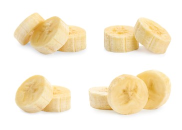 Pieces of tasty ripe banana on white background, collage